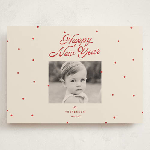 This is a cherry holiday photo cards with standard by Ellen Schlegelmilch called dainty dots printing on signature in grand