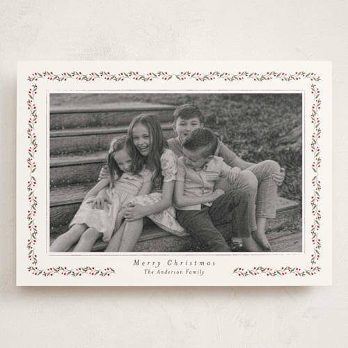 This is a holly berry holiday photo cards with standard by Susan Moyal called delicate frame printing on signature in grand
