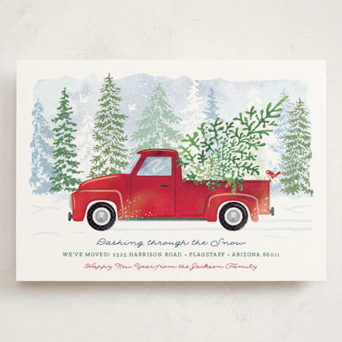 This is a cranberry holiday photo cards with standard by Paper Sun Studio called dashing through the snow printing on signature in grand