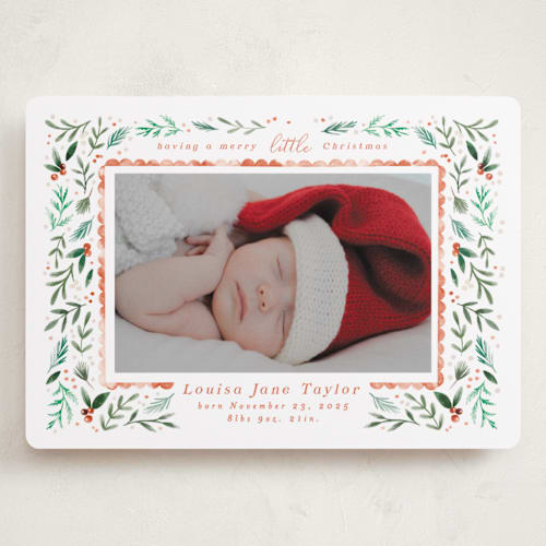This is a tangerine babys first christmas with standard by Alethea and Ruth called merry little christmas greenery printing on recycled smooth signature in grand