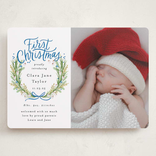 This is a winter sky babys first christmas with standard by Alethea and Ruth called first christmas wreath printing on recycled smooth signature in grand