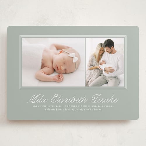 This is a sage grand birth announcements with standard by Laura Hankins called byline printing on recycled smooth signature in grand