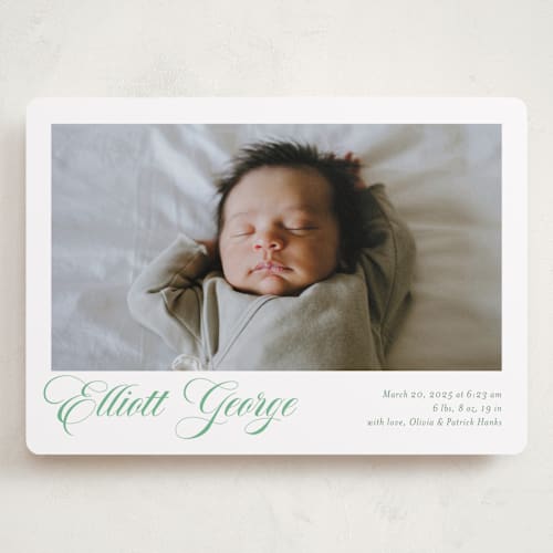 This is a clover grand birth announcements with standard by Megan Davis called hollis printing on smooth signature in grand