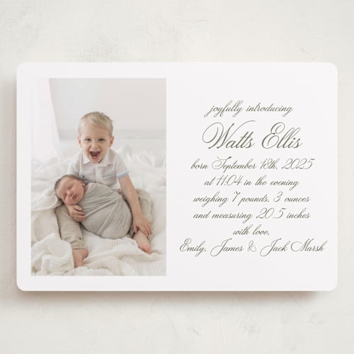 This is a fern grand birth announcements with standard by Megan Davis called walden printing on smooth signature in grand