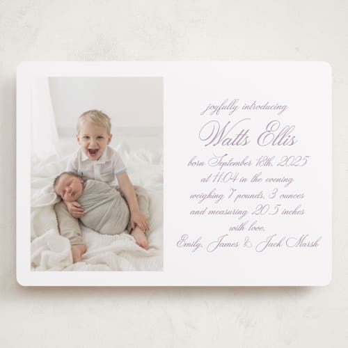 This is a lilac grand birth announcements with standard by Megan Davis called walden printing on smooth signature in grand
