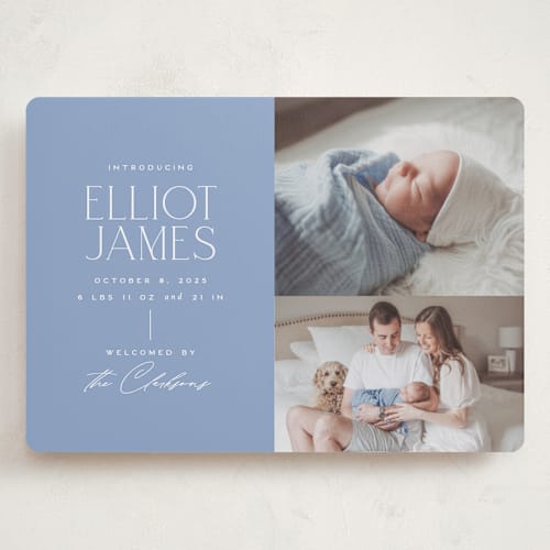 This is a periwinkle grand birth announcements with standard by Jessica Corliss called announcing elegance printing on smooth signature in grand