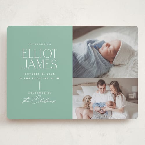This is a mint grand birth announcements with standard by Jessica Corliss called announcing elegance printing on recycled smooth signature in grand