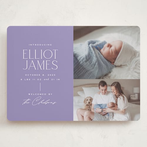This is a lavender grand birth announcements with standard by Jessica Corliss called announcing elegance printing on smooth signature in grand