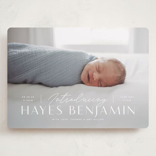 This is a snow grand birth announcements with standard by Michelle Taylor called typographic mix printing on smooth signature in grand