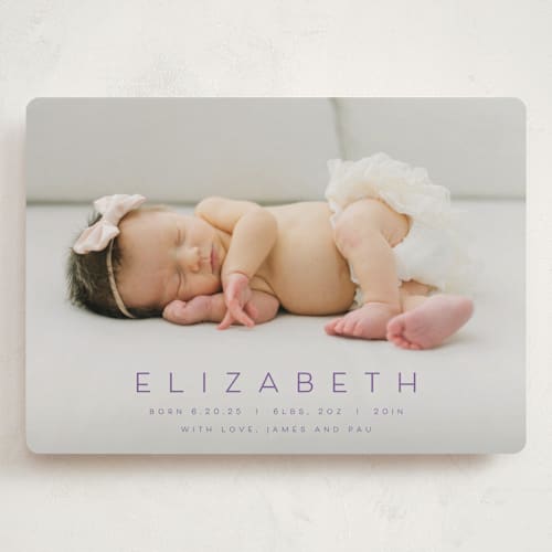 This is a grape grand birth announcements with standard by Juneau Designs called sweet love printing on smooth signature in grand