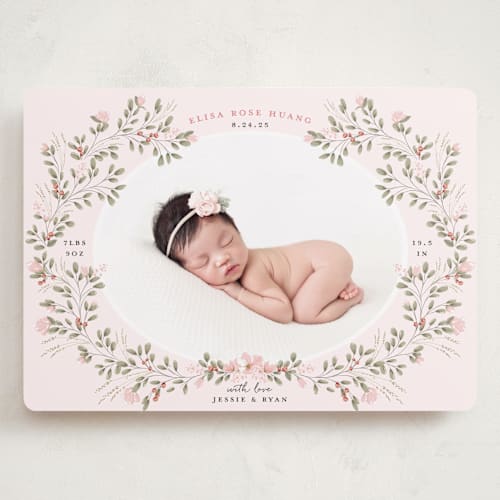 This is a blush grand birth announcements with standard by Susan Moyal called sweet floral vine printing on smooth signature in grand