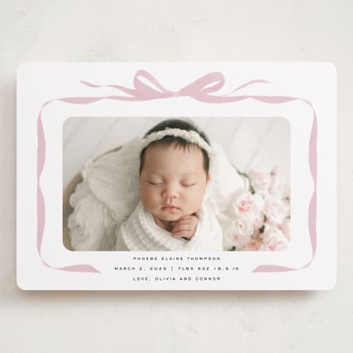 This is a poppy grand birth announcements with standard by Olivia Kanaley Inman called bow printing on smooth signature in grand