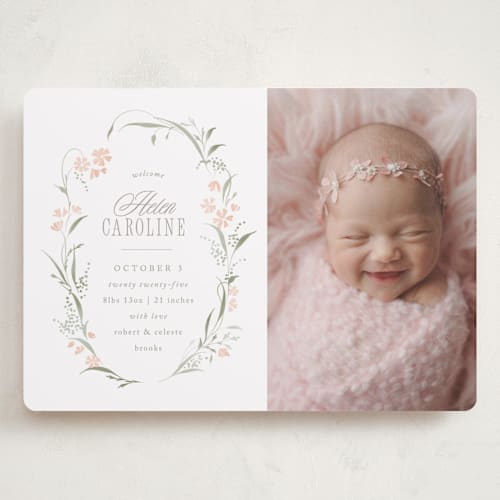 This is a sweet pea grand birth announcements with standard by Erin L. Wilson called dottie printing on smooth signature in grand