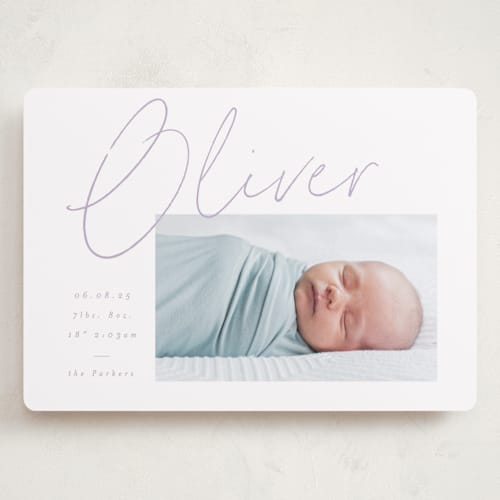 This is a lavender grand birth announcements with standard by AK Graphics called simply printing on smooth signature in grand