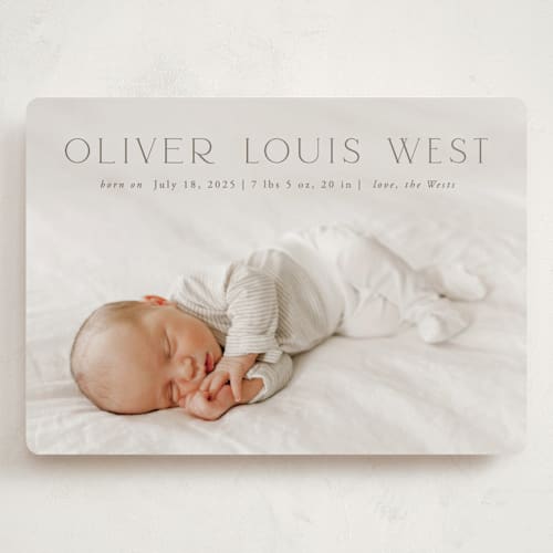 This is a fog grand birth announcements with standard by Julia Hall called our hearts printing on smooth signature in grand
