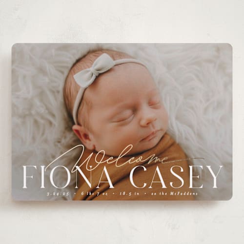 This is a cotton grand birth announcements with foil pressed by Everett Paper Goods called welcoming printing on smooth signature in grand