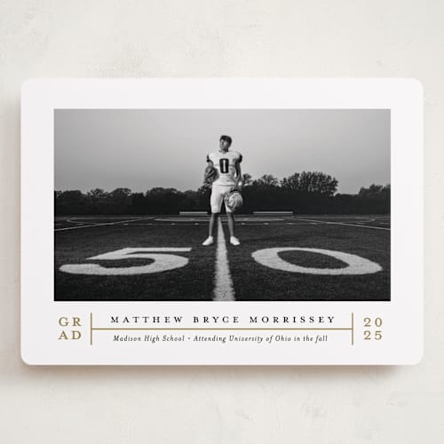 This is a golden graduation announcements with standard by Erica Krystek called modern grid printing on recycled smooth signature in grand