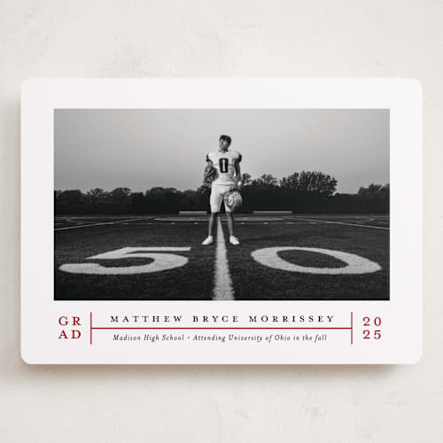 This is a crimson graduation announcements with standard by Erica Krystek called modern grid printing on recycled smooth signature in grand