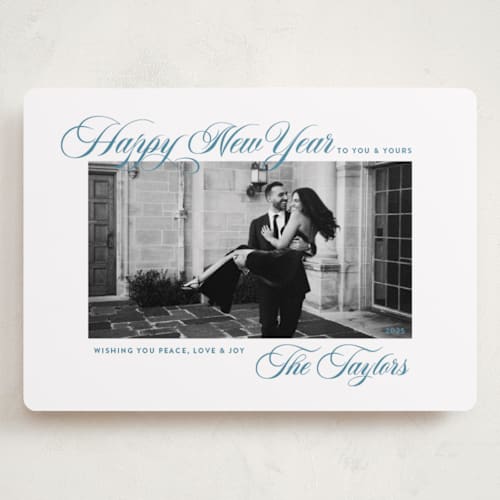 This is a something blue holiday photo cards with standard by Alston Foster called the highest printing on recycled smooth signature in grand