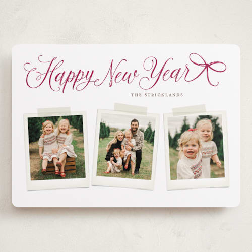 This is a wine holiday photo cards with standard by Hooray Creative called scripted red bow printing on recycled smooth signature in grand