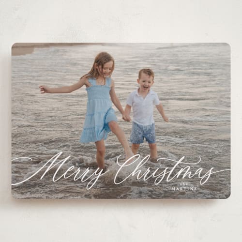 This is a snow holiday photo cards with standard by Kelly Schmidt called scripted merry christmas printing on recycled smooth signature in grand