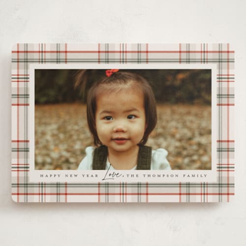 This is a almond holiday photo cards with standard by Wildfield Paper Co called tartan printing on recycled smooth signature in grand
