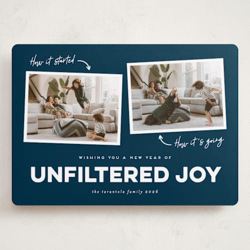 This is a navy holiday photo cards with standard by Erica Krystek called unfiltered joy printing on recycled smooth signature in grand