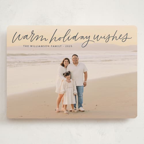 This is a midnight holiday photo cards with standard by Kristen Magee called warm holiday wishes script printing on recycled smooth signature in grand