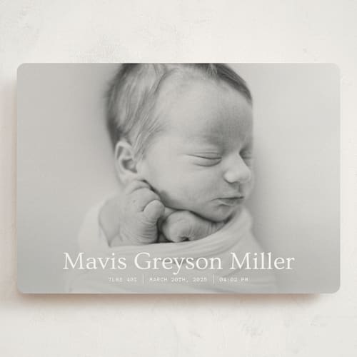 This is a snow grand birth announcements with standard by Bramble Studio called simple in serif printing on signature in grand