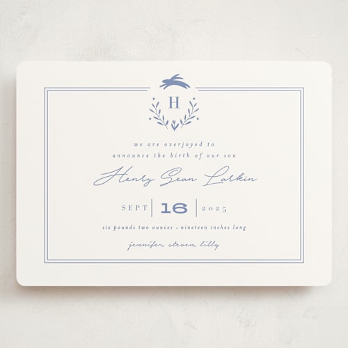 This is a cobalt blue grand birth announcements with standard by Susan Brown called classic baby monogram printing on signature in grand