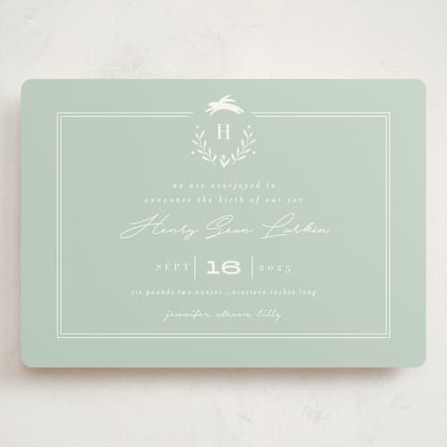 This is a pale mint grand birth announcements with standard by Susan Brown called classic baby monogram printing on signature in grand