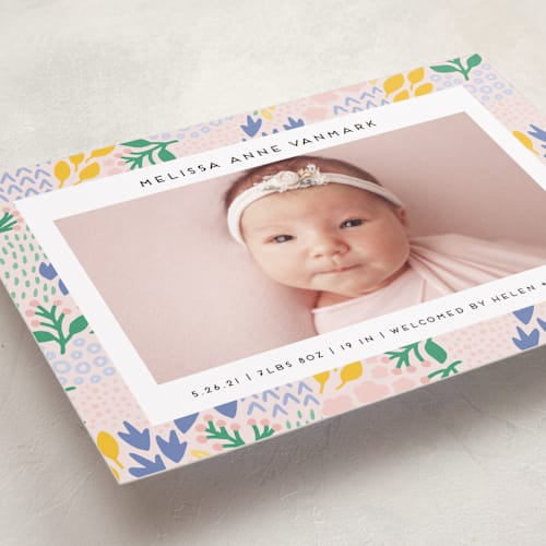 This is a blush petite birth announcements with standard by Genna Blackburn called little foliage printing on recycled smooth signature in petite
