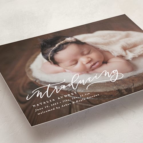 This is a marble petite birth announcements with standard by Lea Delaveris called introducing printing on recycled smooth signature in petite