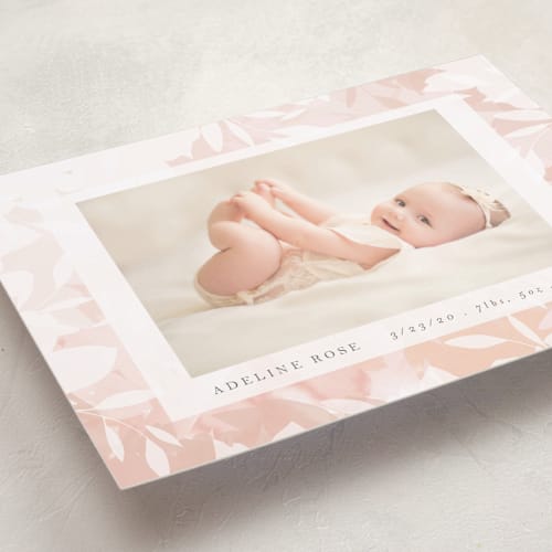 This is a blush petite birth announcements with standard by Angela Thompson called blush branches printing on recycled smooth signature in petite