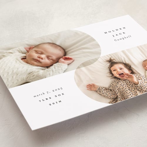 This is a stone petite birth announcements with standard by Brianne Larsen called overlap printing on recycled smooth signature in petite