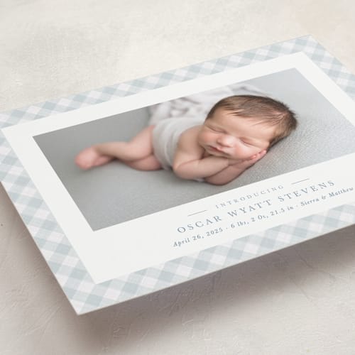 This is a sky petite birth announcements with standard by Lea Delaveris called checked printing on smooth signature in petite