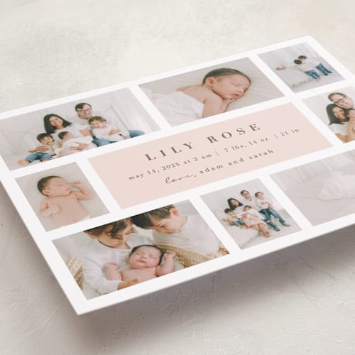 This is a blush petite birth announcements with standard by Maria Alou called family album printing on recycled smooth signature in petite