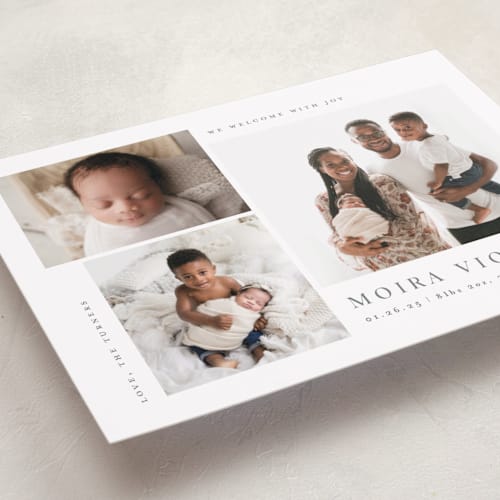 This is a stone petite birth announcements with standard by Carolyn MacLaren called welcome with joy printing on recycled smooth signature in petite
