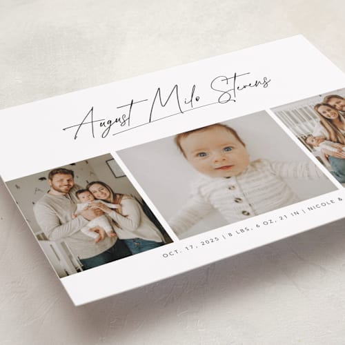 This is a cloud petite birth announcements with standard by Lea Delaveris called me times three printing on recycled smooth signature in petite