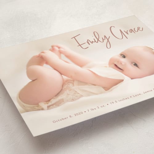 This is a dusty rose petite birth announcements with standard by Lorena Depante called elegance in the name printing on recycled smooth signature in petite