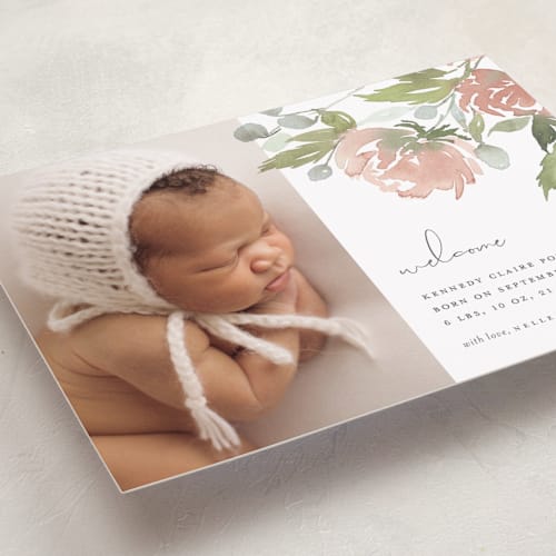 This is a peach petite birth announcements with standard by Stacey Meacham called watercolor bouquet printing on recycled smooth signature in petite