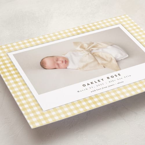 This is a marigold petite birth announcements with standard by Jessie Steury called gingham printing on recycled smooth signature in petite