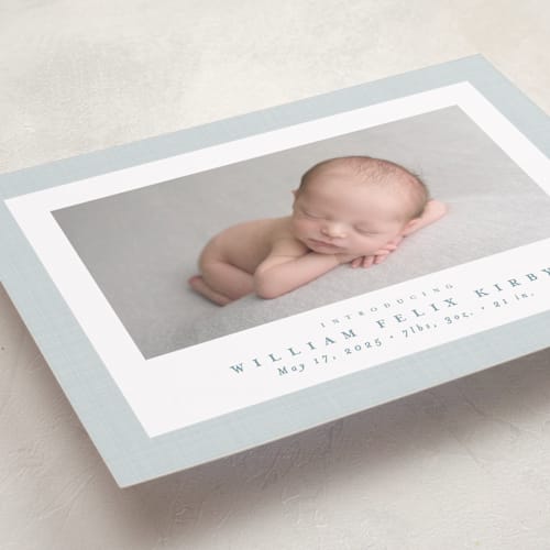 This is a powder petite birth announcements with standard by Lea Delaveris called linen frame printing on smooth signature in petite
