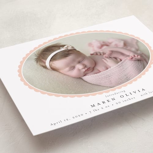 This is a peach petite birth announcements with standard by Emily Betts called scallop oval printing on recycled smooth signature in petite