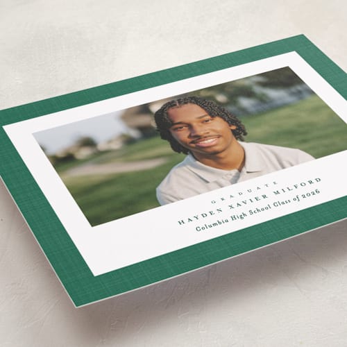 This is a shamrock graduation announcements with standard by Lea Delaveris called linen frame printing on recycled smooth signature in petite