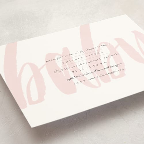 This is a blush baby shower postcards with standard by Sara Hicks Malone called whisper printing on signature in postcard