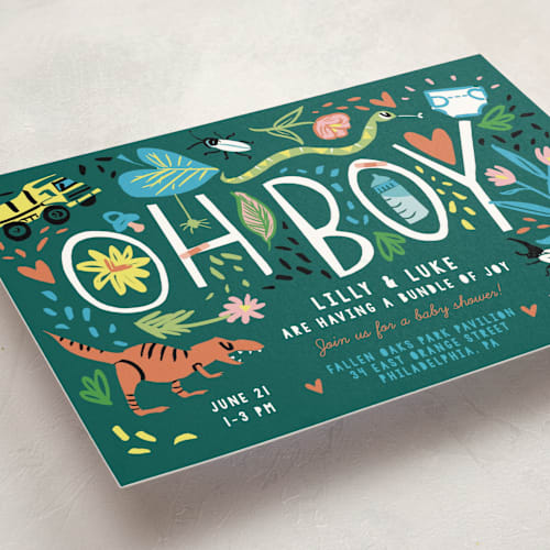This is a emerald baby shower postcards with standard by Michelle Shanaman called oh boy! printing on signature in postcard