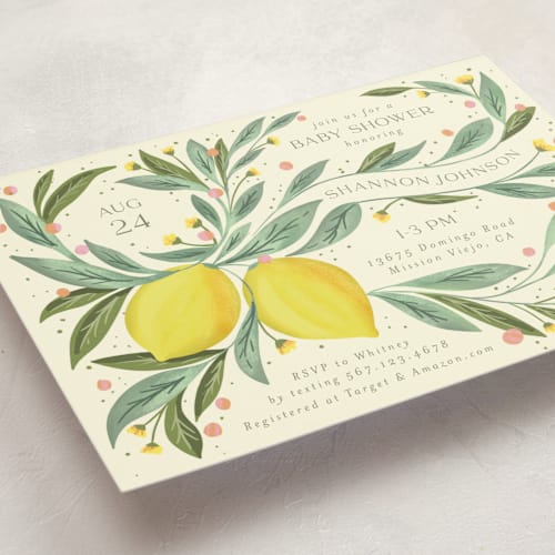 This is a citrus baby shower postcards with standard by Joanna Griffin called main squeeze printing on signature in postcard