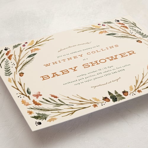 This is a butternut baby shower postcards with standard by Kate Ahn called woodland watercolor printing on signature in postcard