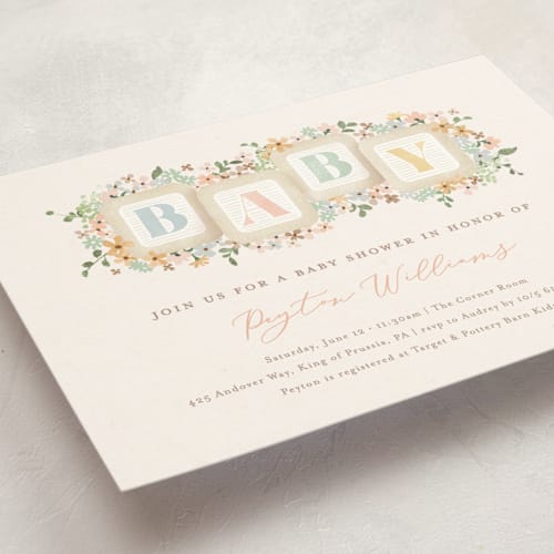 This is a honey baby shower postcards with standard by Jennifer Wick called petite baby blocks printing on signature in postcard